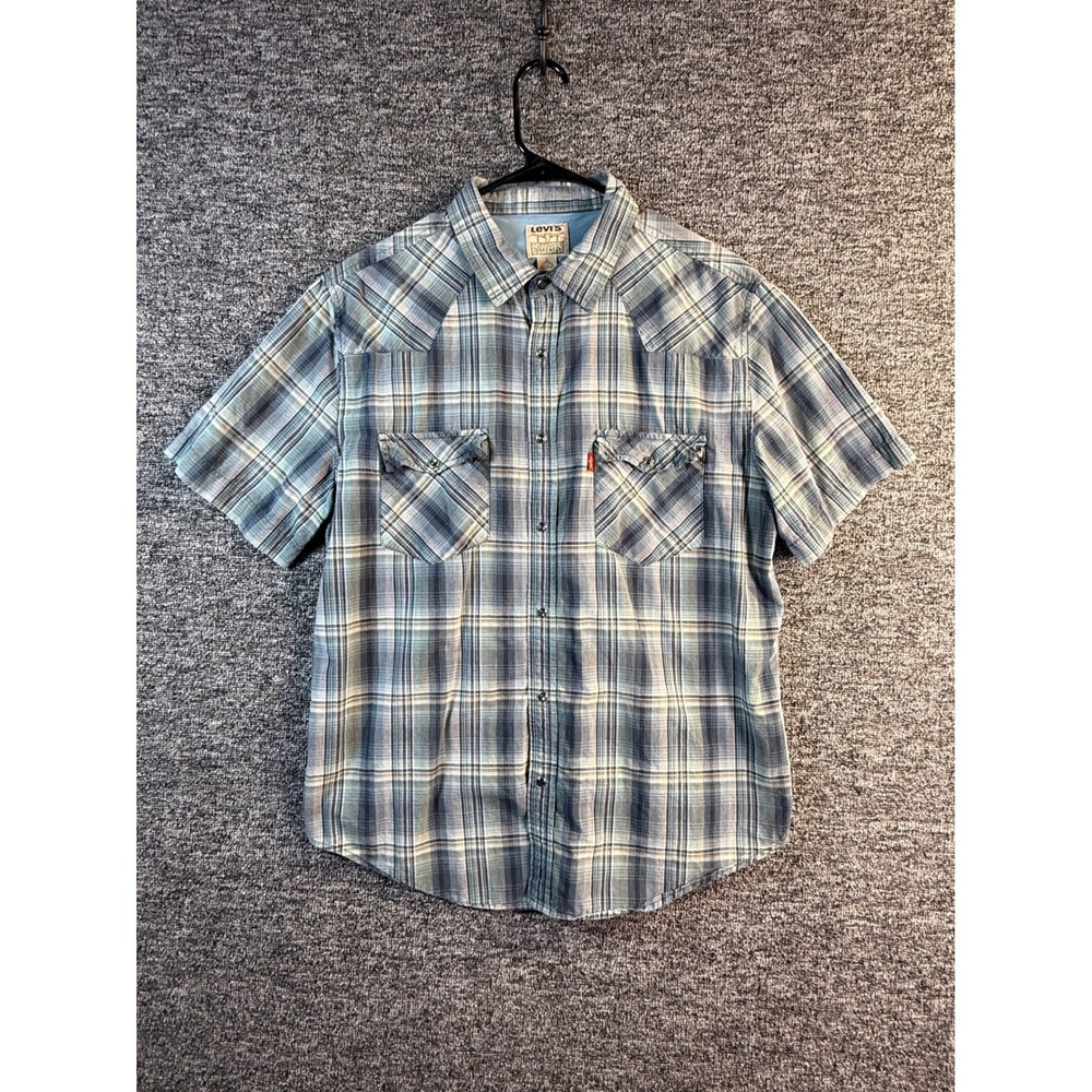 Levis Mens Blue Plaid Short Sleeve Western Pearl Snap Shirt Large L Cotton